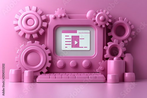 Pink computer with gears, player on screen, surrounded by mechanical parts