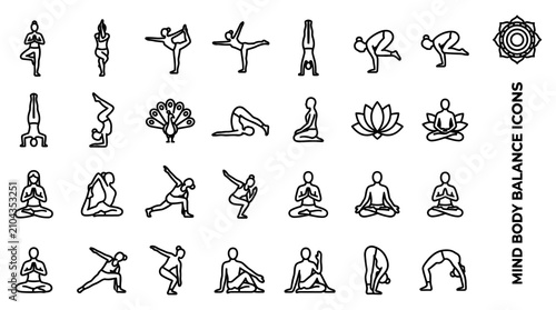 Minimalist yoga pose line icon set with black silhouette figures depicting mindfulness meditation and physical wellness exercises