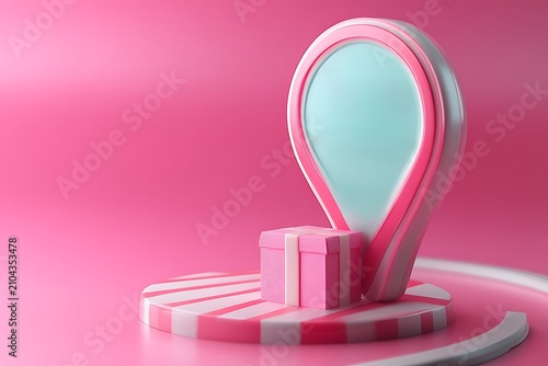 Pink location pin with gift box on striped platform, pink background