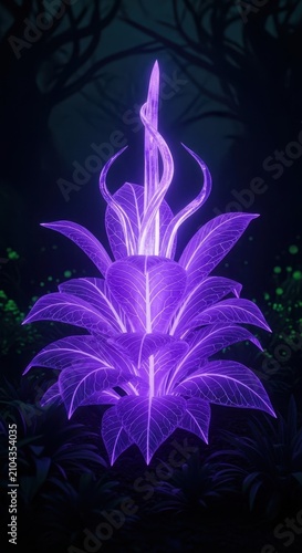 Glowing extraterrestrial plant with luminous violet leaves and translucent crystalline stems growing in a dark mysterious alien forest, flora, organic, crystal