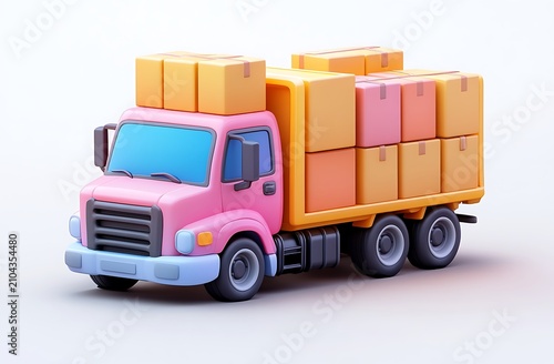 Pink truck with stacked boxes on flatbed and roof, 3 d rendering delivery truck cargo truck