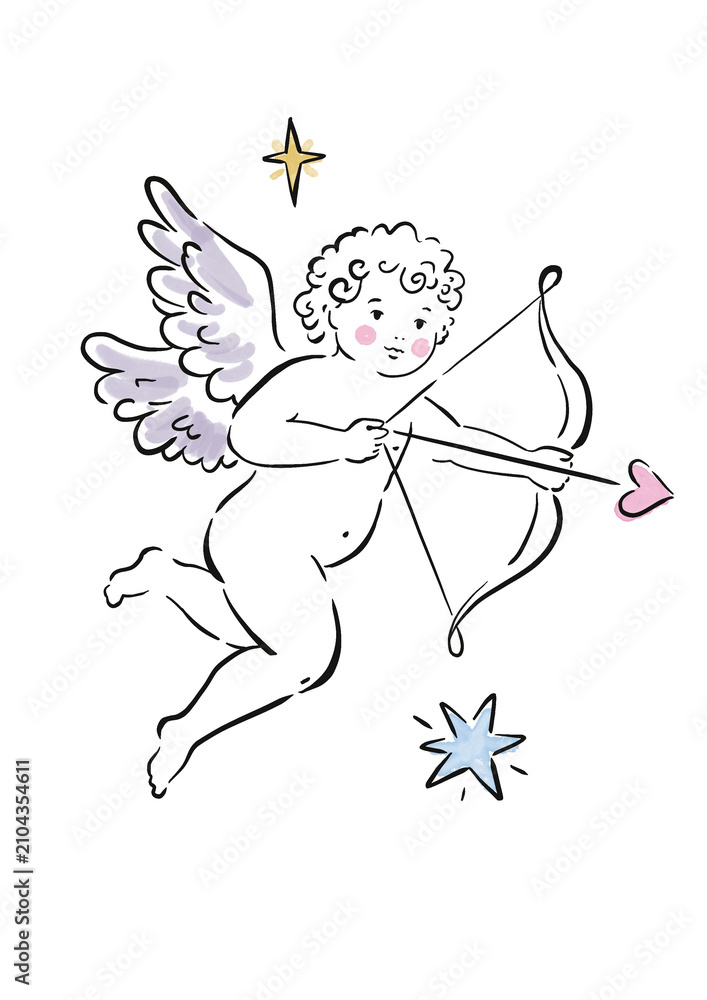 Obraz premium Cute watercolor lin art cupid. Cherub illustration.