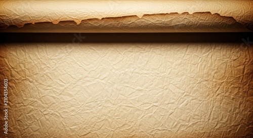 Textured, aged parchment paper, partially rolled and folded, showing deep creases and an antique, sepia-toned appearance, copy space, aged, vintage