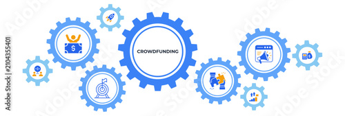 Crowdfunding website banner icon vector illustration concept with icons of startup, collaboration, target, investor, contribution, advertising, profit, growth