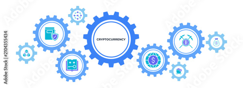 Cryptocurrency banner website icons vector illustration concept of with icons of blockchain, ledger, decentralization, cryptography, digital money, proof of work, mining reward and fee