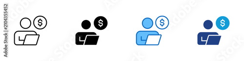 Freelancer Payment Account Multiple Style Icon Design Vector - User figure with coin and laptop representing freelancer payment, employee earnings management, and remote worker financial account