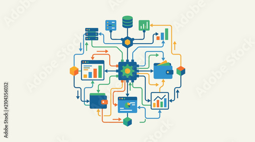 Central Data Processing Hub Connected to Digital Systems and Financial Analytics