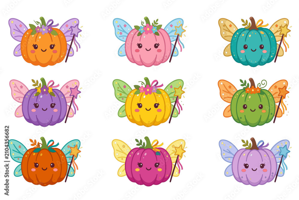 Fototapeta premium Cute Kawaii Pumpkins with Wings and Wands
