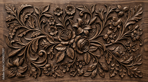 Intricate floral wood carving panel with beautiful rose and lily bas-relief