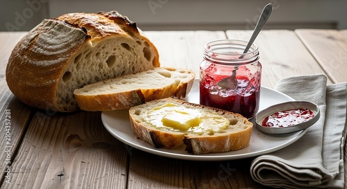 Sourdough bread loaf sits sliced on a plate next to a jar of red fruit jam and a piece of bread topped with melting butter.