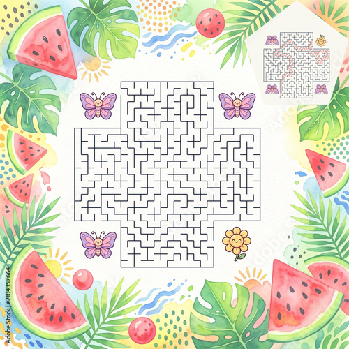 Colorful maze design surrounded by tropical fruits and butterflies  