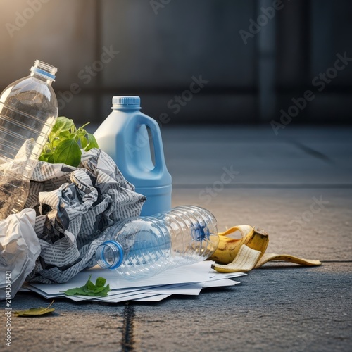 A pile of discarded household waste including plastic bottles, crumpled paper, and organic scraps lying on a concrete urban street surface, organic, items, urban