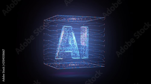 AI letters animation of glowing symbols with digital and geometric noise in computer science world, 4k abstract artificial intelligence tech animated template