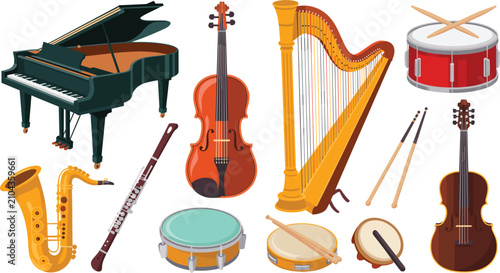 Canvastavla Classical Musical Instrument Vector Set Featuring Grand Piano, Violin, Harp, Sna