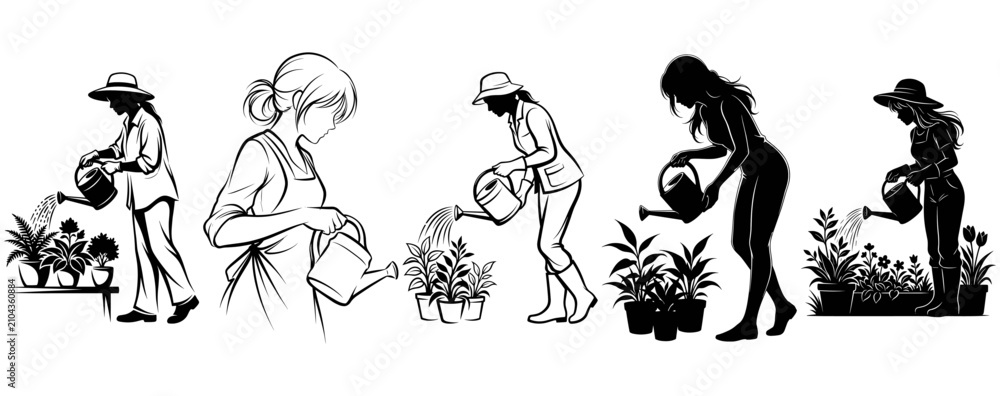 Fototapeta premium Women watering plants. Black and white silhouette vector set. Minimalist gardening and plant care concept. For logo design or apparel print. Ideal for florist or nursery branding.