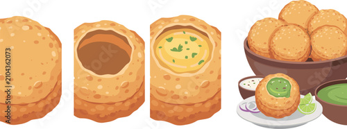 фотографія Traditional Indian Street Food Panipuri Vector Set Featuring Crispy Puri Shells,