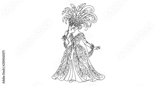 Tableau sur toile Elegant Woman in Venetian Masquerade Costume, Holding Mask, Black and White Line