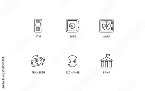 Minimalist line icons representing financial services and banking concepts with transparent background