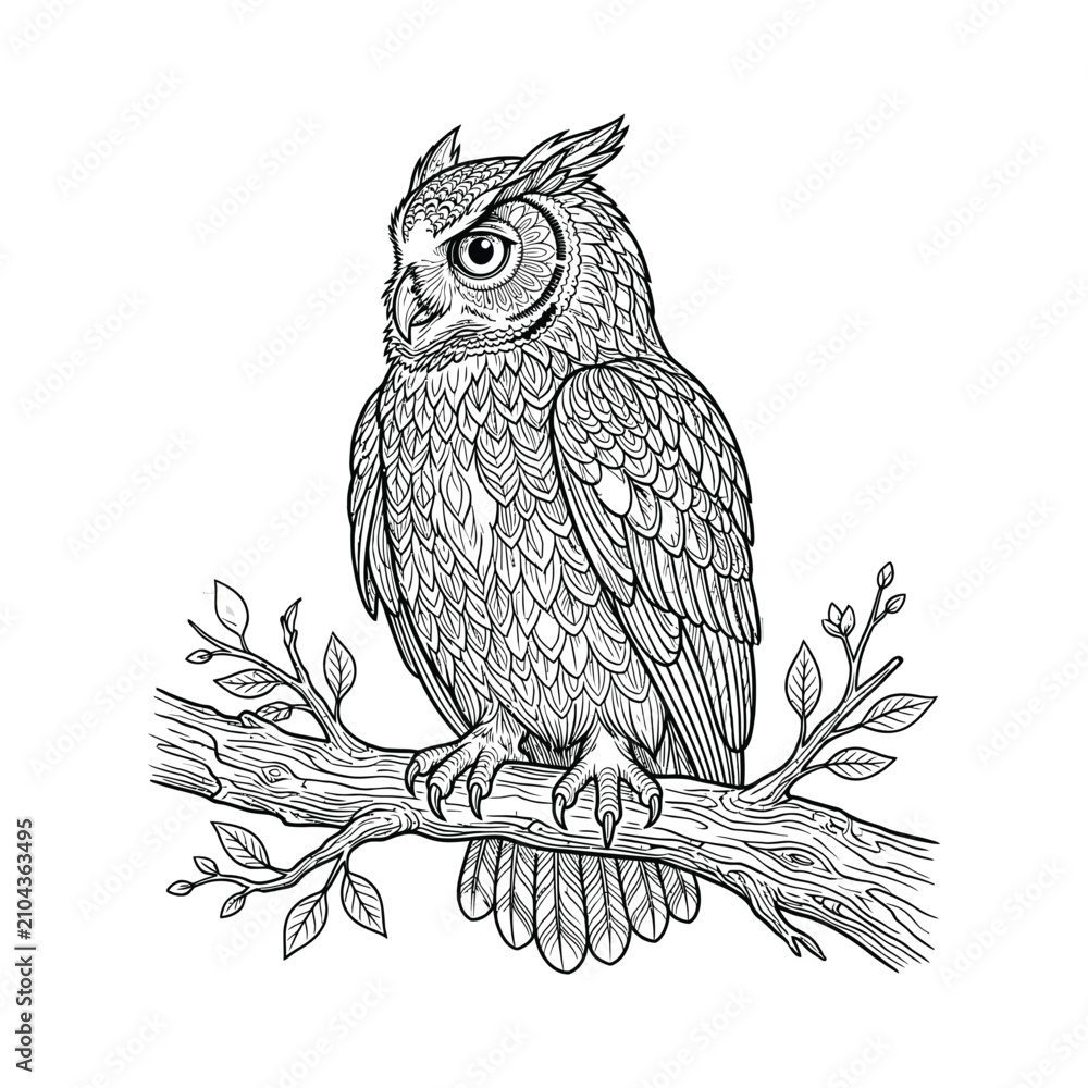 Fototapeta premium Intricate black and white line art illustration of a majestic owl perched on a detailed tree branch. Perfect for tattoo designs, coloring books, or decorative graphic elements. Features elegant nature