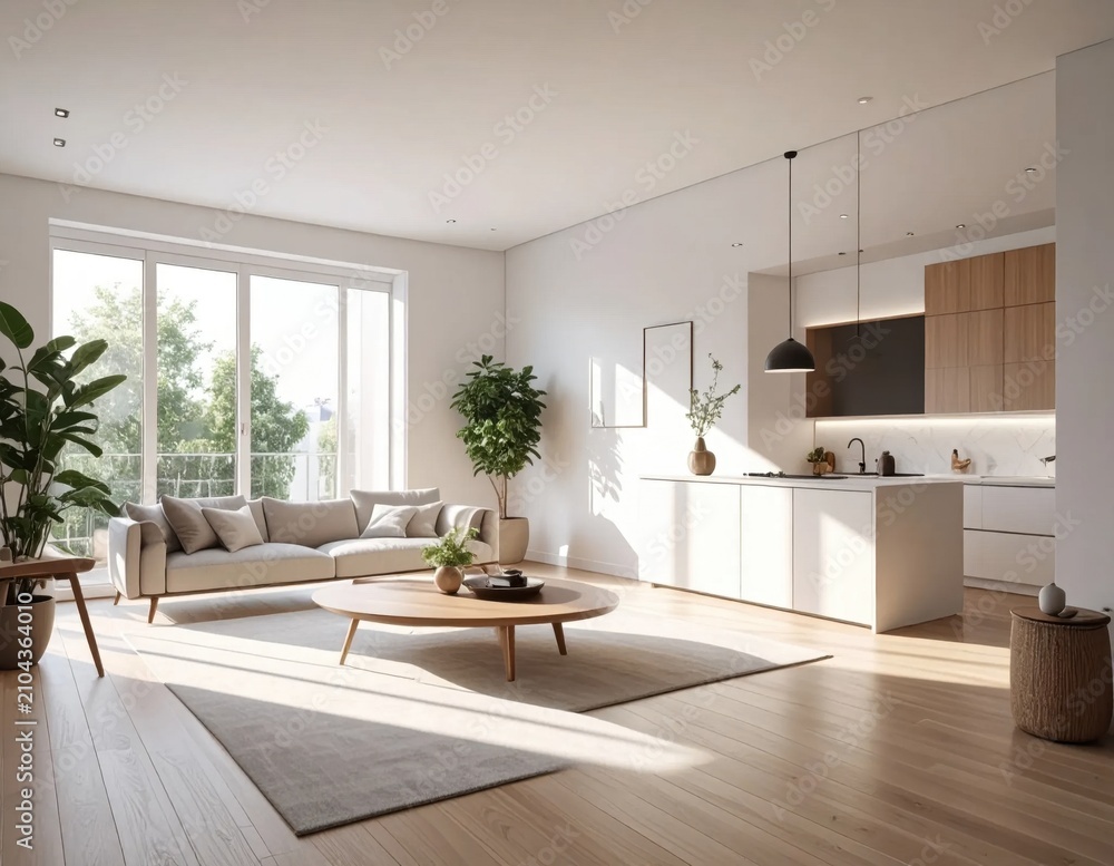 Fototapeta premium Modern open plan living room and kitchen interior with natural sunlight, wooden floors, beige sofa, and indoor plants