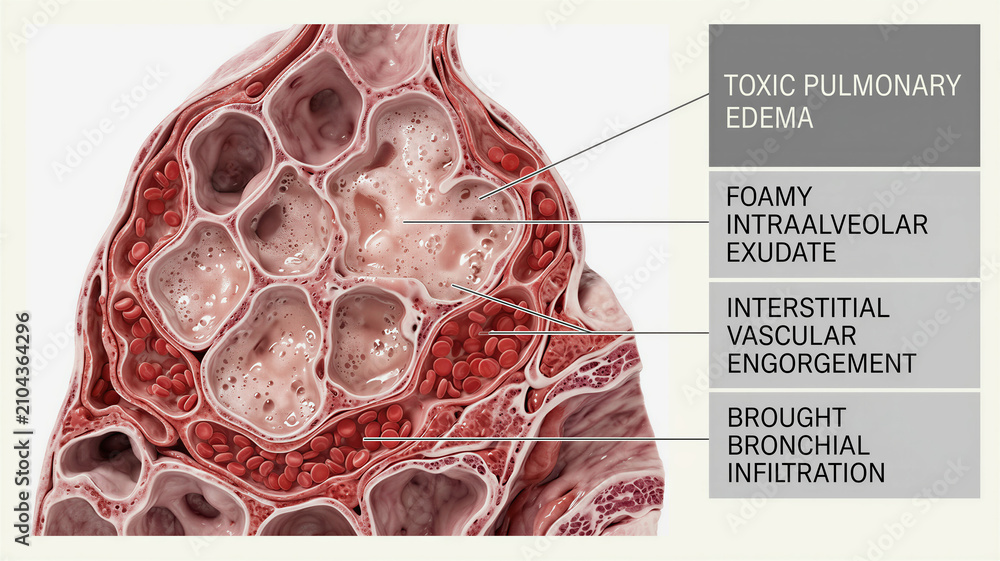 Fototapeta premium Detailed biological diagram showing toxic pulmonary edema within human lung alveoli and the buildup of foamy fluid secretions