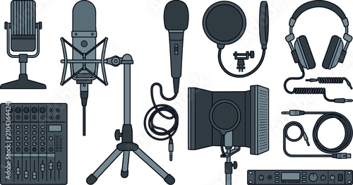 Obraz na płótnie Studio Recording and Podcasting Equipment Vector Set Featuring Microphones Mixin
