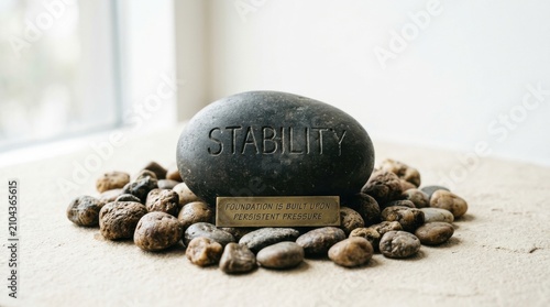 Large stone with stability engraved surrounded by pebbles
