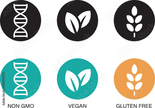 Non GMO vegan gluten free icon set featuring natural product labels, healthy diet symbols, allergen free certification, organic food badges, plant based nutrition and vector illustrations.