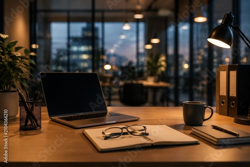 Modern office desk with eyeglasses and work accessories in a soft after-hours atmosphere.