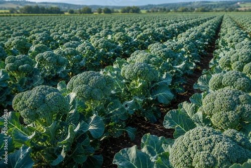 Agricultural field of mature Calabrese broccoli with dense green florets under sunlight.
