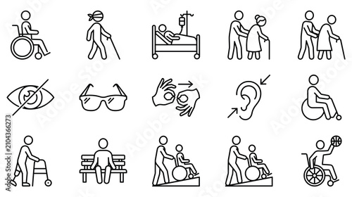 Disability awareness icons representing accessibility aid and inclusive community support.