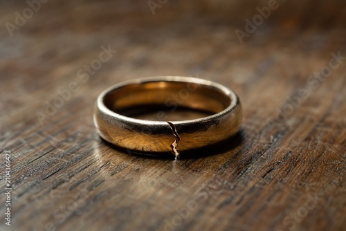 A broken wedding ring lies on wood with a visible crack and side lighting.