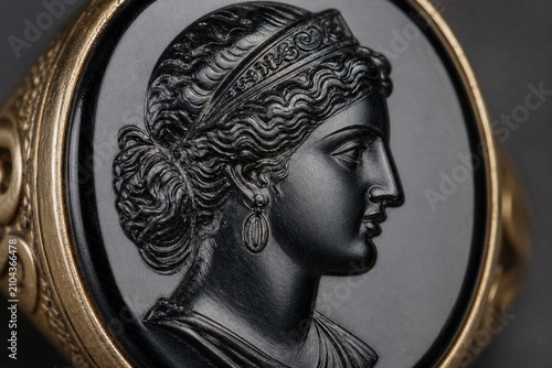 Classical onyx gemstone ring with an intricately carved Greek goddess intaglio.