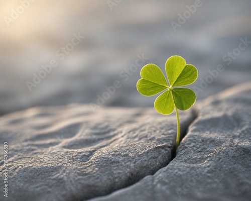 A single green clover growing from a crack in a gray stone.