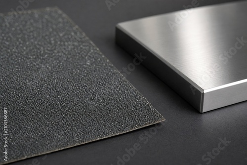 A sheet of sandpaper with dark granules next to a piece of polished metal.