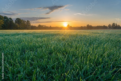 Kentucky bluegrass field at dawn with dew drops reflecting blue-green light.