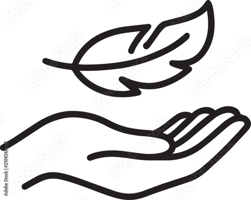 Hand holding delicate feather for sensitive skin care gentle touch routine minimal outline vector design symbol