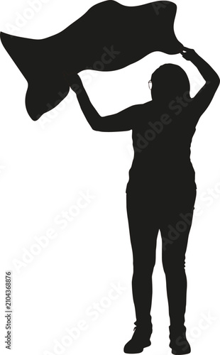 Black silhouette of a woman holding a blank banner isolated on a white background, female person presenting an empty sign for advertising, promotion, or information