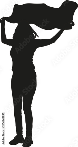 Black silhouette of a woman holding a blank banner isolated on a white background, female person presenting an empty sign for advertising, promotion, or information