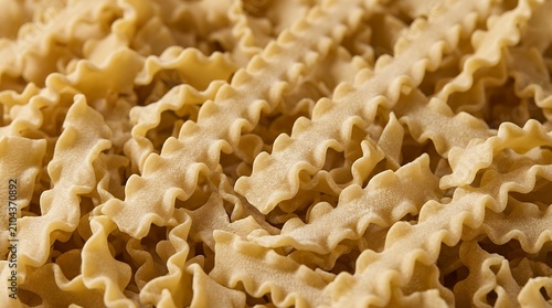 Macro shot of dry ribbon-shaped ruffled noodles backdrop tactile culinary ingredient wallpaper ideal for gastronomy eating house bill of fare or cooking graphic layout ideas. Detached border.