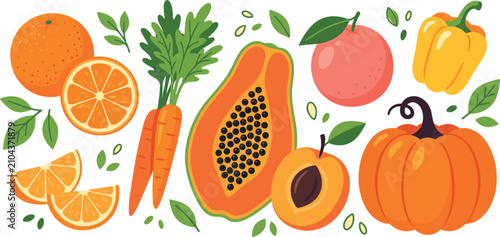 Orange Colored Fruits And Vegetables Collection With Carrot Papaya Peach Pumpkin And Bell Pepper Vector Illustration Set