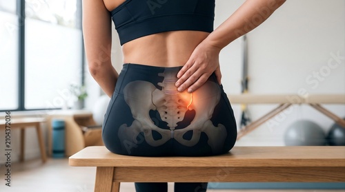 Woman Suffering from Sacroiliac Joint Pain with Pelvis Anatomy Highlight in Lower Back