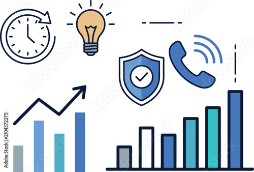 Business Growth and Customer Support Icon Set Featuring Growth Bar Charts, Secure Shield, Phone Call, and Creative Bulb Symbols