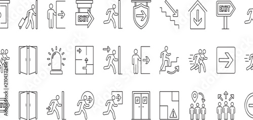 Collection of Emergency Evacuation and Safety Direction Icons with People Symbols for Instructions and Signage