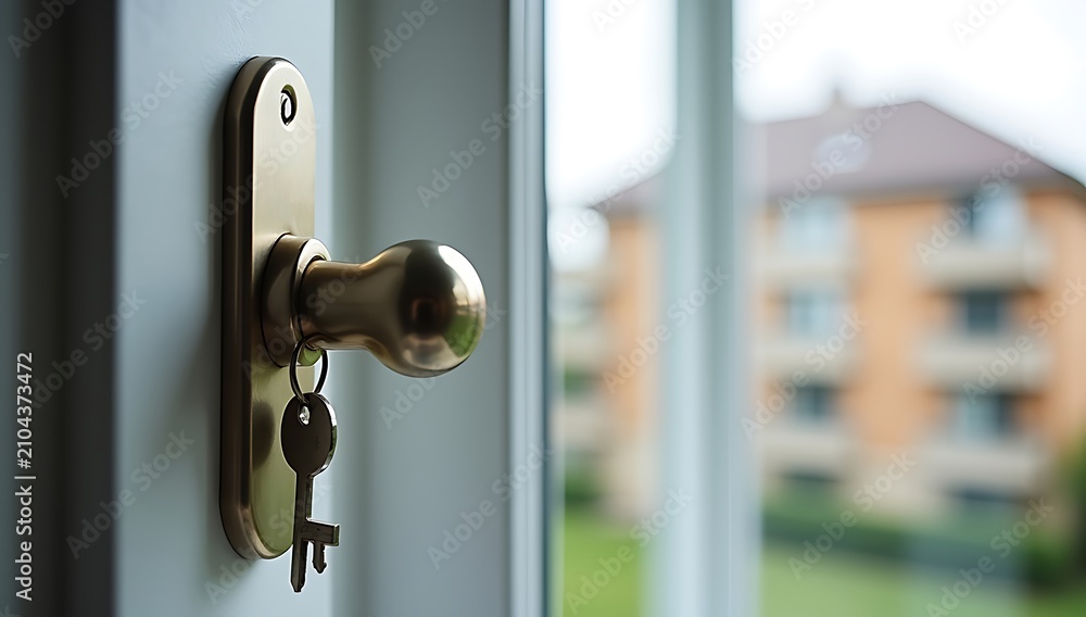 Obraz premium Close up of a brass door handle with a key hanging from it, blurred building in background.
