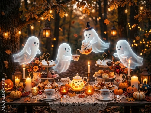 Whimsical ghosts enjoying a spooky autumn tea party in a forest setting with glowing lights