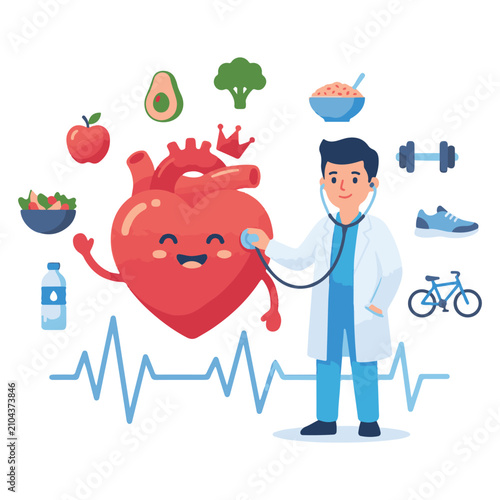 Cute Cartoon Doctor with Stethoscope and Red Apple Vector Illustration Friendly Medical Character for Kids Healthcare Education and Pediatric Design
