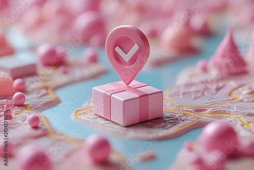 Pink 3 d package with checkmark location pin on map, surrounded by pink gift box