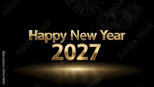 Elegant gold Happy New Year 2027 greeting card design with fireworks on black background.