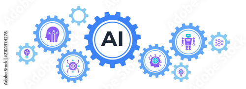 AI(Artificial Intelligence) infographic banner. neural network diagram, cybernatics, problem solving, Futuristic, Robotics machine and deep learning.